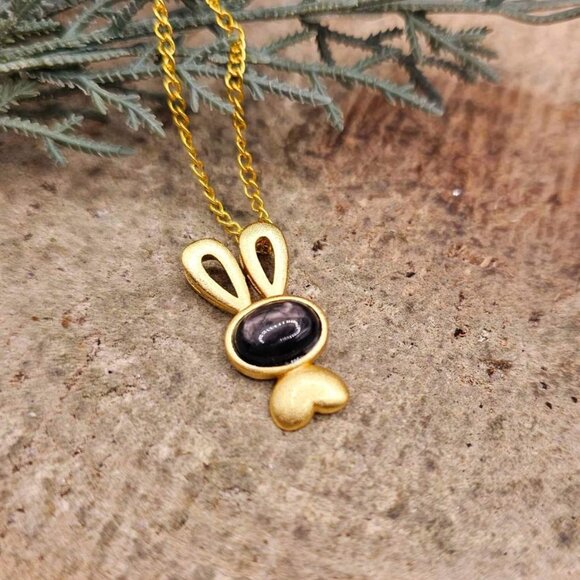 Silver Obsidian Flashy Stone Gold Matte Cute Bunny Pendant Necklace - Picture 4 of 10